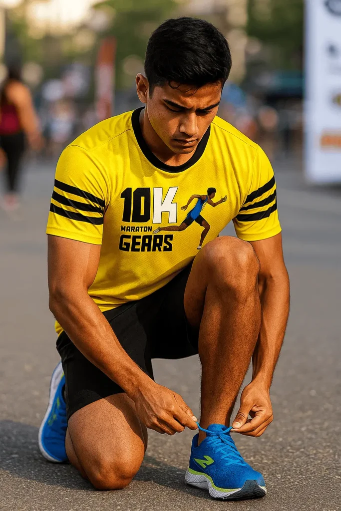 Hombre preparándose para carrera con playera deportiva Gears Armor