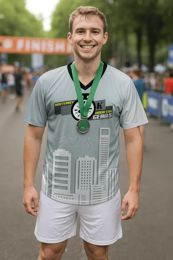 Hombre finalizando carrera deportiva con playera de corredor Gears Armor