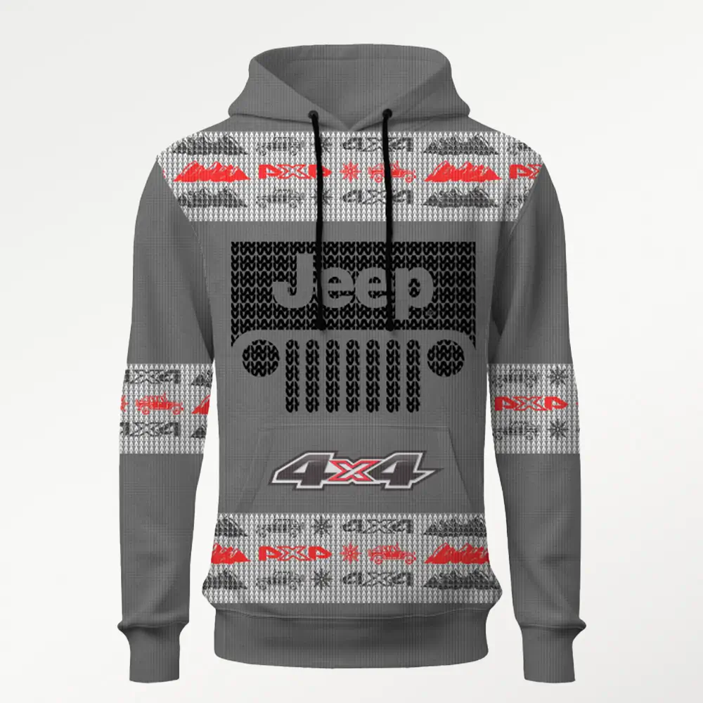 Hoodie gris estilo ugly sweater con diseño frontal de Jeep y patrones navideños en mangas y cintura.