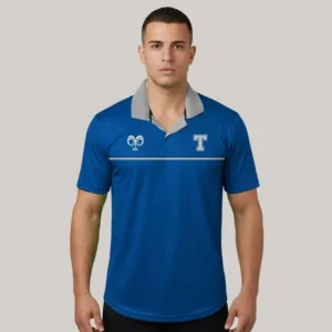 Playera tipo polo institucional en color azul con cuello gris, diseñada por Gears Armor para los Borregos del Tecnológico, con logotipo y estilo deportivo profesional