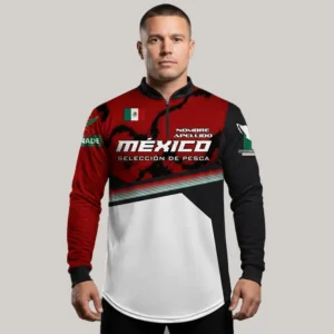 Jersey de cuello mao sublimado con los colores de México, diseñado por Gears Armor para la Selección Nacional de Pesca, con logotipos y bandera mexicana al frente.