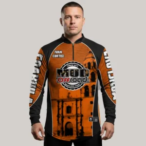 Jersey deportivo sublimado de cuello mao en tonos naranja y negro, personalizado por Gears Armor para Mud Off Road Monclova, con diseño urbano y logotipo central