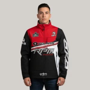 Chamarra soft shell personalizada en colores rojo, negro y blanco, creada por Gears Armor para el equipo RPM Polaris México con enfoque en actividades off-road