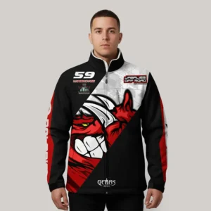 Chamarra térmica tipo soft shell en tonos negro, blanco y rojo con diseño agresivo de jabalí, elaborada por Gears Armor para el equipo Jabalíes Off Road