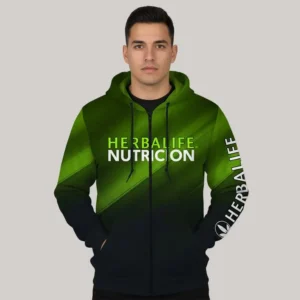 Hoodie deportivo con cierre completo en tonos verde y negro, personalizado por Gears Armor para distribuidores Herbalife Nutrition con diseño corporativo moderno