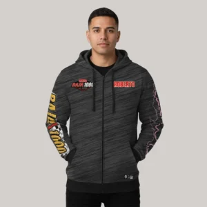 Hoodie de cierre completo en color gris oscuro con detalles en rojo y amarillo, creado por Gears Armor para participante de la carrera Baja 1000