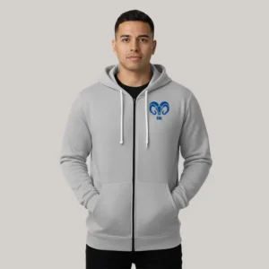 Hoodie institucional con cierre completo en color gris claro, diseñado por Gears Armor para Borregos GDL, con logotipo bordado azul en el pecho