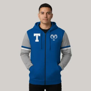 Hoodie institucional con cierre completo en azul y gris, diseño de Gears Armor para el Tecnológico GDL con logotipos y estilo universitario