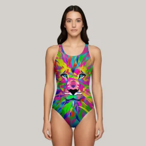 Traje de baño deportivo femenino con diseño artístico multicolor de león, creado por Gears Armor con sublimado de alta definición para natación profesional.