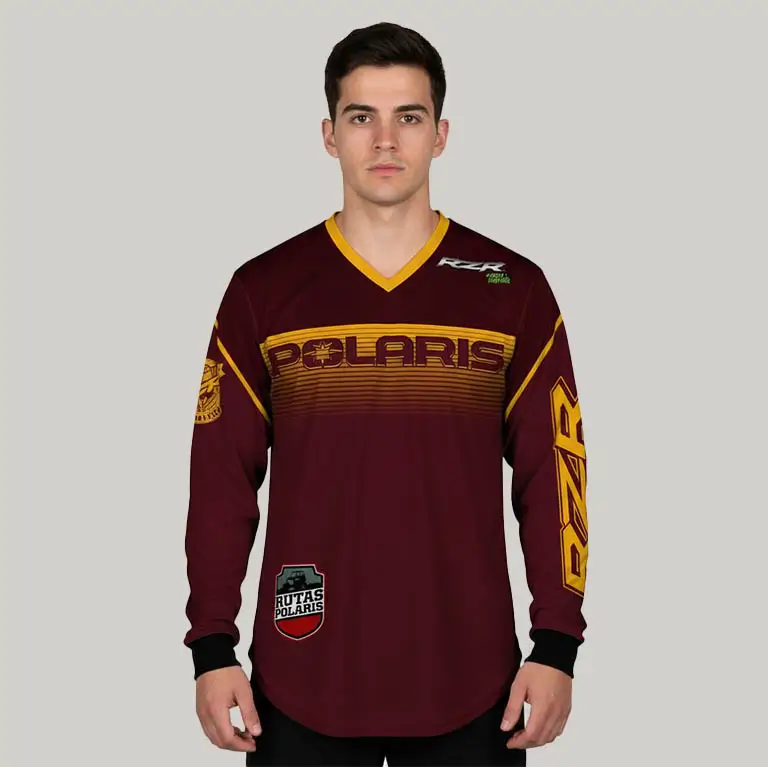 Jersey de ruta Polaris en cuello V personalizado por Gears Armor con diseño sublimado premium.