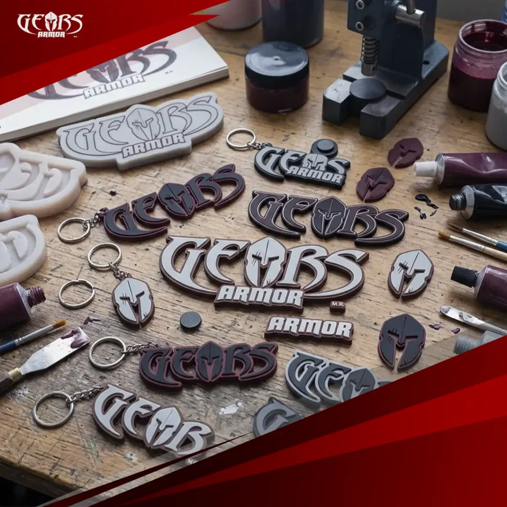 Aplicaciones en plastisol personalizado Gears Armor para prendas, parches, llaveros y productos promocionales.